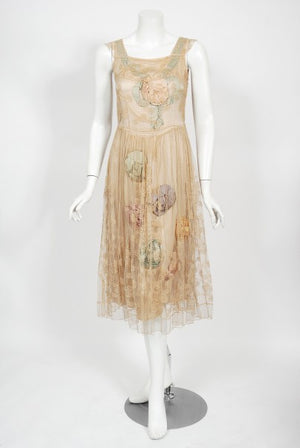 1920's Martha Weathered Couture Pastel Silk Rosettes Filet Lace Dress