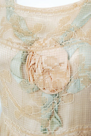 1920's Martha Weathered Couture Pastel Silk Rosettes Filet Lace Dress