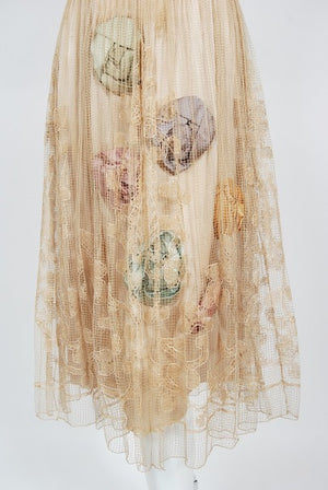 1920's Martha Weathered Couture Pastel Silk Rosettes Filet Lace Dress