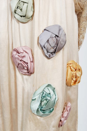 1920's Martha Weathered Couture Pastel Silk Rosettes Filet Lace Dress
