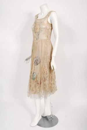 1920's Martha Weathered Couture Pastel Silk Rosettes Filet Lace Dress