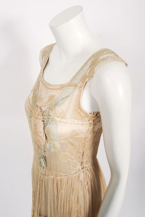 1920's Martha Weathered Couture Pastel Silk Rosettes Filet Lace Dress