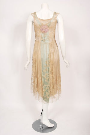 1920's Martha Weathered Couture Pastel Silk Rosettes Filet Lace Dress