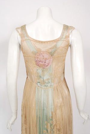 1920's Martha Weathered Couture Pastel Silk Rosettes Filet Lace Dress