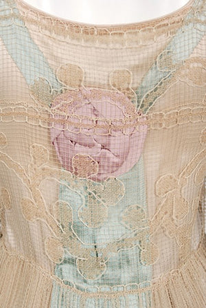 1920's Martha Weathered Couture Pastel Silk Rosettes Filet Lace Dress