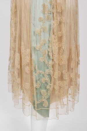 1920's Martha Weathered Couture Pastel Silk Rosettes Filet Lace Dress