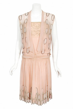 1920's French Couture Pink Beaded Deco Dots Silk-Chiffon Flapper Dress