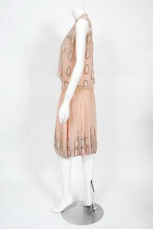 1920's French Couture Pink Beaded Deco Dots Silk-Chiffon Flapper Dress
