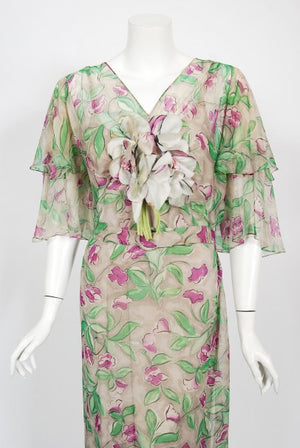 1930's Fashion Originators Guild Floral Print Silk Chiffon Appliqué Gown Set