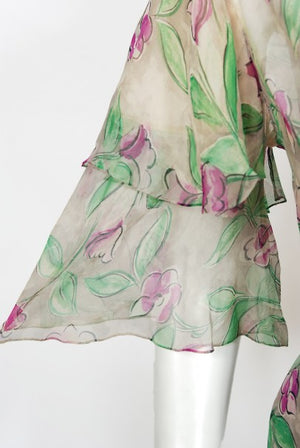 1930's Fashion Originators Guild Floral Print Silk Chiffon Appliqué Gown Set