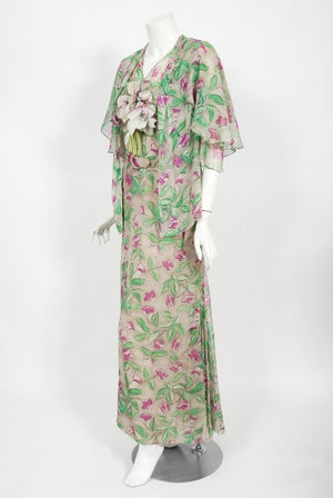 1930's Fashion Originators Guild Floral Print Silk Chiffon Appliqué Gown Set