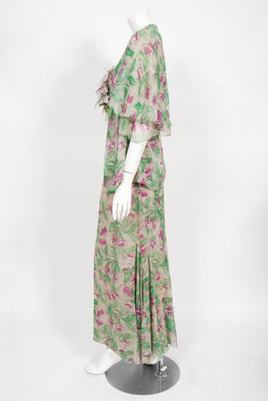 1930's Fashion Originators Guild Floral Print Silk Chiffon Appliqué Gown Set