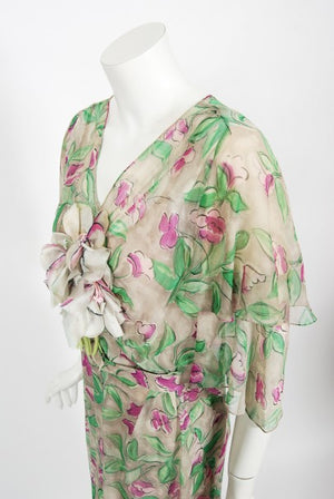 1930's Fashion Originators Guild Floral Print Silk Chiffon Appliqué Gown Set