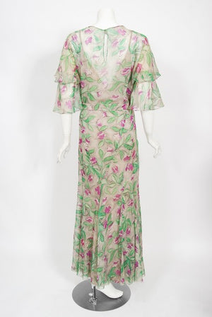 1930's Fashion Originators Guild Floral Print Silk Chiffon Appliqué Gown Set