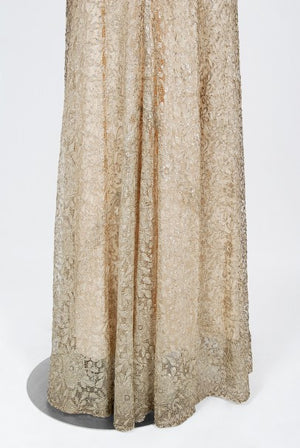 1930's Metallic Gold Lamé Lace Nude Illusion Bias-Cut Old Hollywood Gown