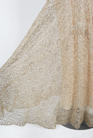 1930's Metallic Gold Lamé Lace Nude Illusion Bias-Cut Old Hollywood Gown