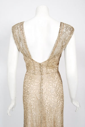 1930's Metallic Gold Lamé Lace Nude Illusion Bias-Cut Old Hollywood Gown