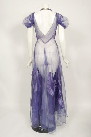 1930's Lilac Purple Sheer Net Tulle Silk Appliqué Bows Puff-Sleeve Gown