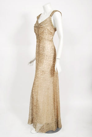 1930's Metallic Gold Lamé Lace Nude Illusion Bias-Cut Old Hollywood Gown