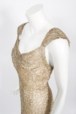 1930's Metallic Gold Lamé Lace Nude Illusion Bias-Cut Old Hollywood Gown