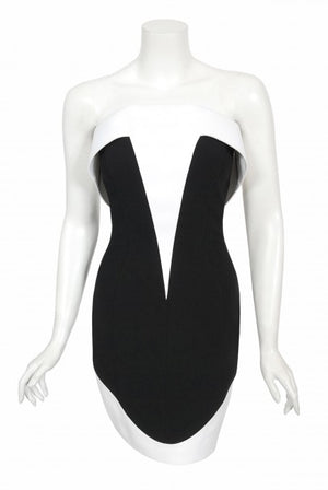 1996 Thierry Mugler Couture Black White Futuristic Strapless Mini Dress