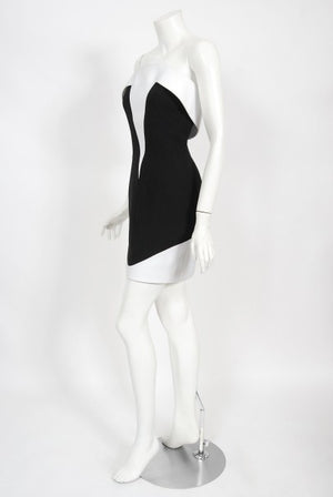 1996 Thierry Mugler Couture Black White Futuristic Strapless Mini Dress