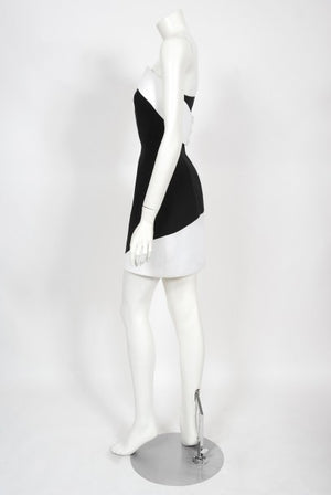 1996 Thierry Mugler Couture Black White Futuristic Strapless Mini Dress
