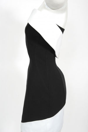 1996 Thierry Mugler Couture Black White Futuristic Strapless Mini Dress