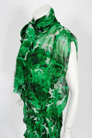 1990's Givenchy Paris Green Floral Print Silk Chiffon Draped Dress