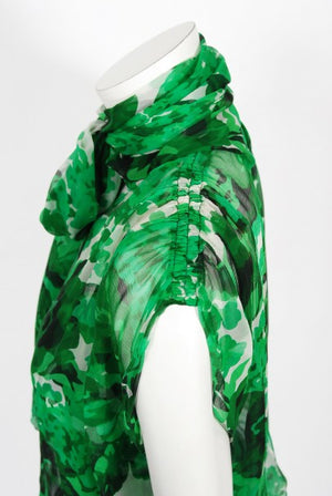 1990's Givenchy Paris Green Floral Print Silk Chiffon Draped Dress