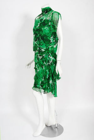 1990's Givenchy Paris Green Floral Print Silk Chiffon Draped Dress