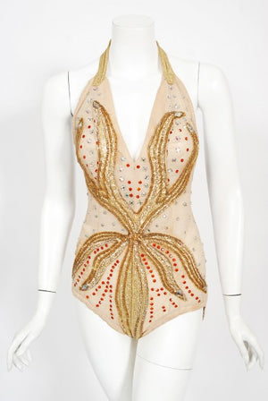 1940's Metallic Gold Lame Flame Rhinestone Mesh Showgirl Circus Costume