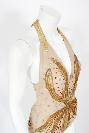 1940's Metallic Gold Lame Flame Rhinestone Mesh Showgirl Circus Costume