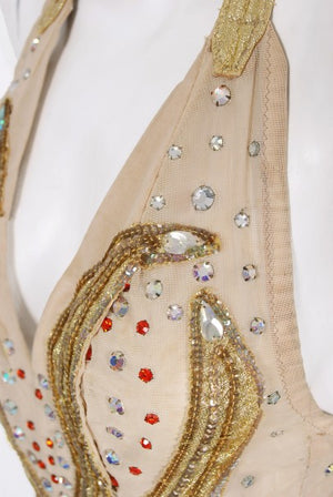 1940's Metallic Gold Lame Flame Rhinestone Mesh Showgirl Circus Costume