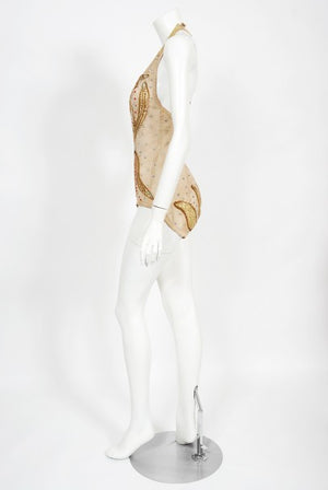 1940's Metallic Gold Lame Flame Rhinestone Mesh Showgirl Circus Costume