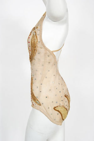 1940's Metallic Gold Lame Flame Rhinestone Mesh Showgirl Circus Costume