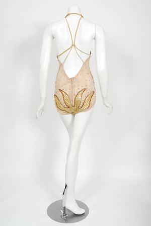 1940's Metallic Gold Lame Flame Rhinestone Mesh Showgirl Circus Costume