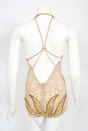 1940's Metallic Gold Lame Flame Rhinestone Mesh Showgirl Circus Costume