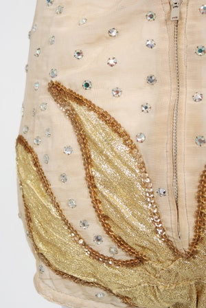 1940's Metallic Gold Lame Flame Rhinestone Mesh Showgirl Circus Costume
