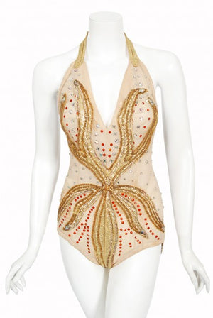1940's Metallic Gold Lame Flame Rhinestone Mesh Showgirl Circus Costume