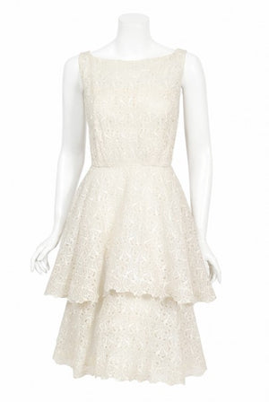 1950's Ceil Chapman Embroidered Ivory Eyelet Cotton Tiered Bridal Dress