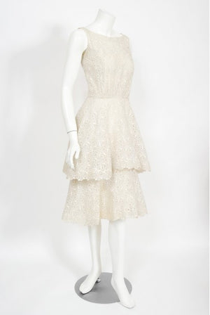 1950's Ceil Chapman Embroidered Ivory Eyelet Cotton Tiered Bridal Dress