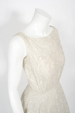 1950's Ceil Chapman Embroidered Ivory Eyelet Cotton Tiered Bridal Dress