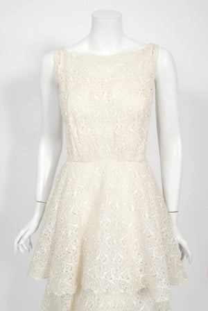 1950's Ceil Chapman Embroidered Ivory Eyelet Cotton Tiered Bridal Dress