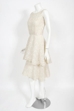 1950's Ceil Chapman Embroidered Ivory Eyelet Cotton Tiered Bridal Dress