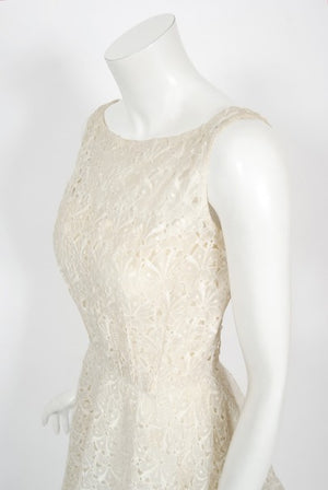 1950's Ceil Chapman Embroidered Ivory Eyelet Cotton Tiered Bridal Dress