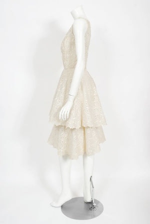1950's Ceil Chapman Embroidered Ivory Eyelet Cotton Tiered Bridal Dress