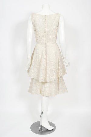 1950's Ceil Chapman Embroidered Ivory Eyelet Cotton Tiered Bridal Dress
