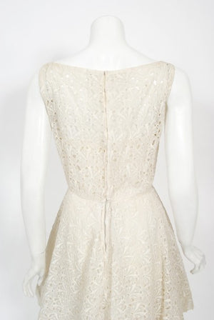 1950's Ceil Chapman Embroidered Ivory Eyelet Cotton Tiered Bridal Dress