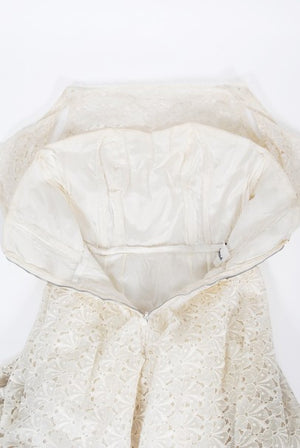 1950's Ceil Chapman Embroidered Ivory Eyelet Cotton Tiered Bridal Dress